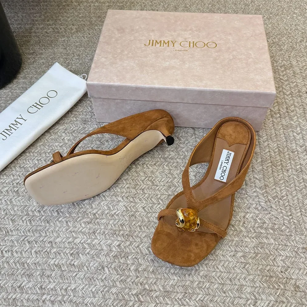 Jimmy Choo Emeri Stone 35 Tan Suede Sandals with Stone Detail for Women