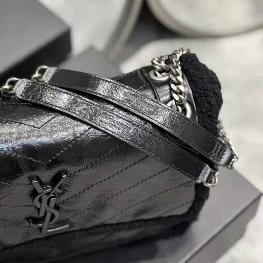 Saint Laurent YSL Niki Medium Chain Bag in Crinkled Leather and Shearling for Women Saint Laurent YSL Niki Medium Chain Bag in Crinkled Leather and Shearling for Women