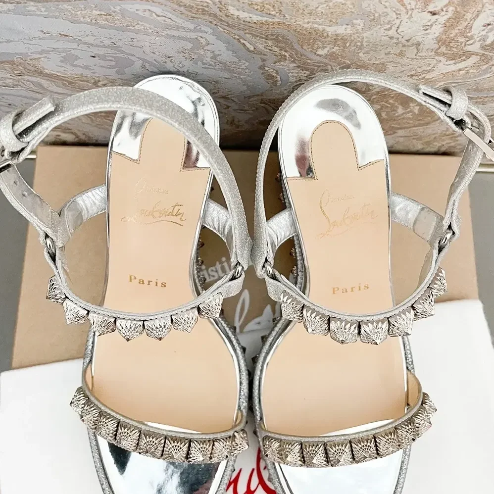 Christian Louboutin Silver Leather Calf Leather/Studded Cataclou 140 Platform Espadrille for Women