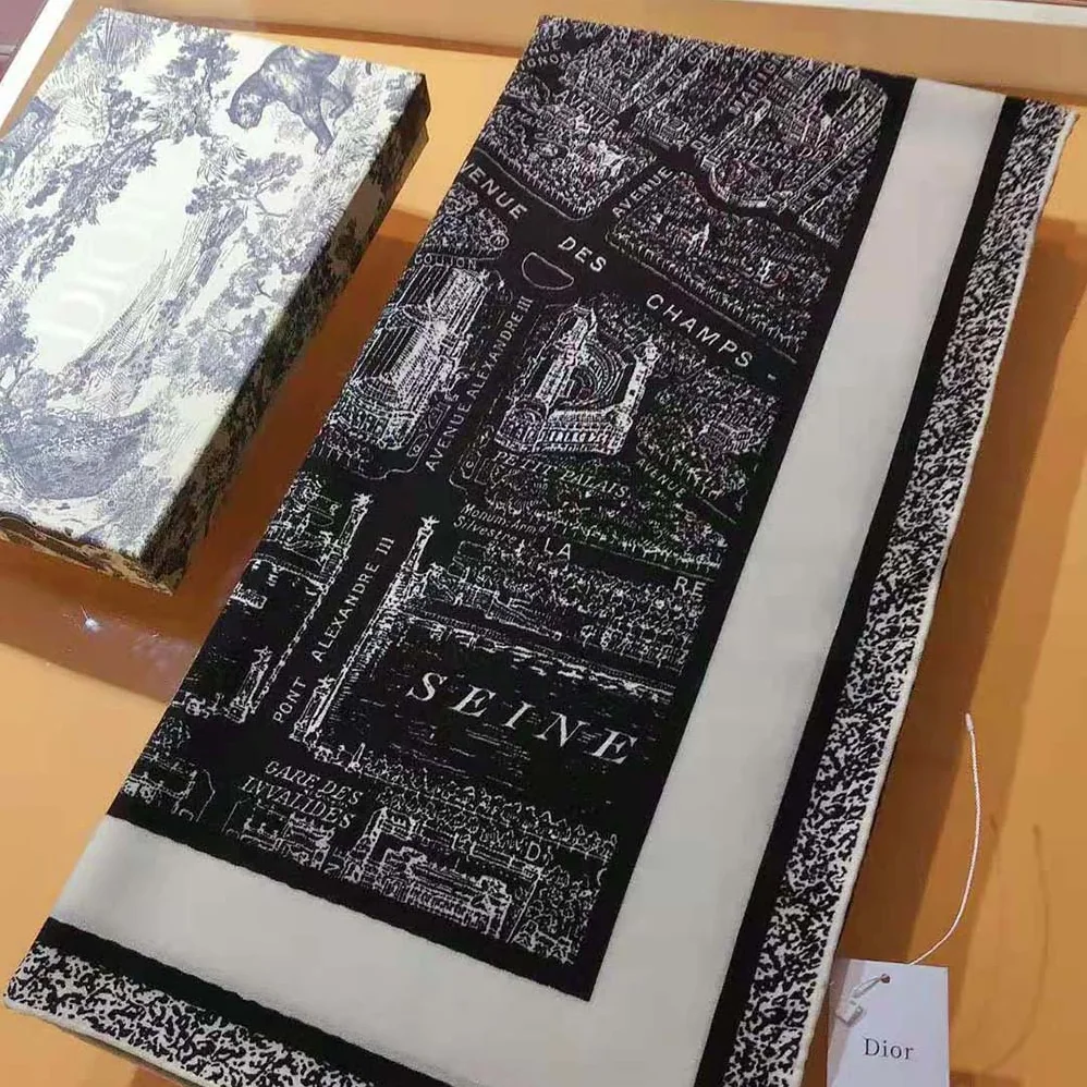 Dior Plan De Paris 90 Square Scarf Black and White Silk Twill for Women