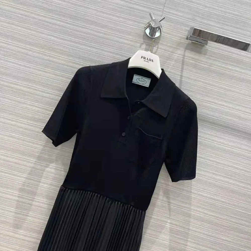 Prada Crepe DE Chine and Knit Dress for Women in Black Prada Crepe DE Chine and Knit Dress for Women in Black