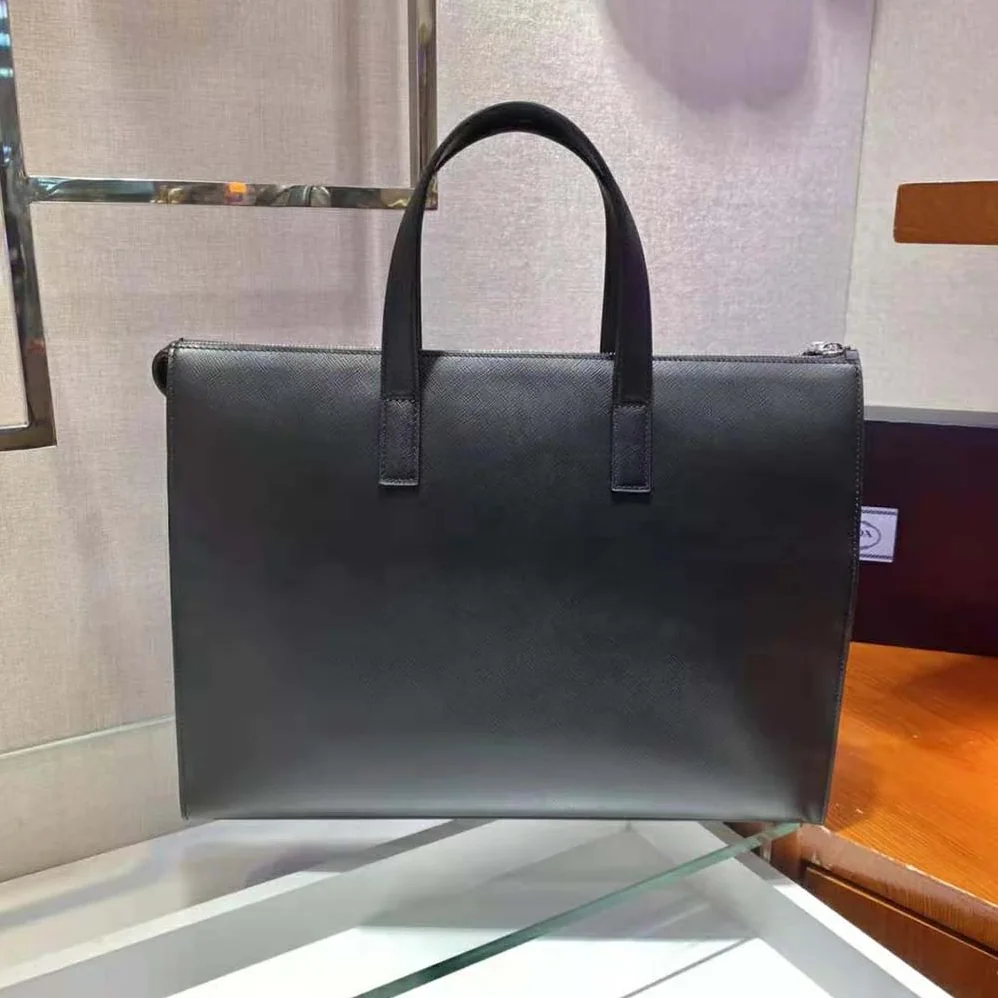 Prada Saffiano Leather Tote with a Crosshatch Pattern and Wax Finish for Men in Black
