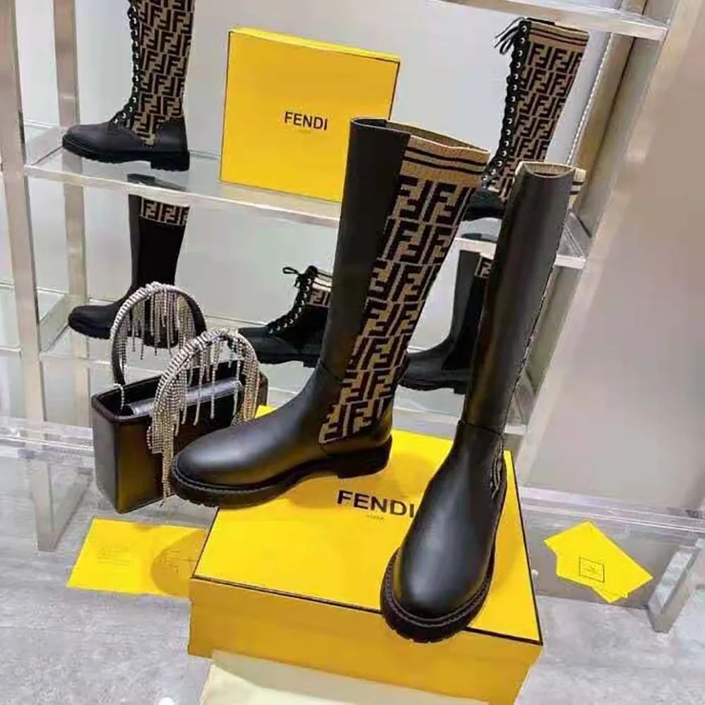 Fendi Rockoko Black Leather Ankle Boots with Stretch Fabric for Women