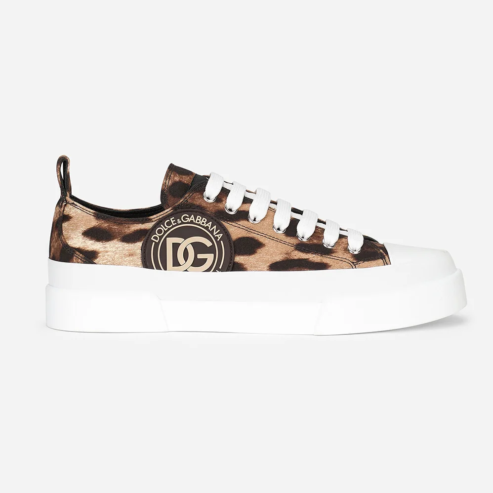 Dolce Gabbana D&G Cotton Drill Portofino Light Sneakers with Leopard Print and DG Logo for Women