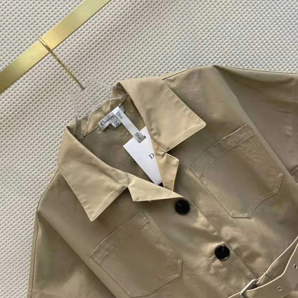 Dior Short-Sleeved Belted Jacket Beige Cotton Gabardine for Women