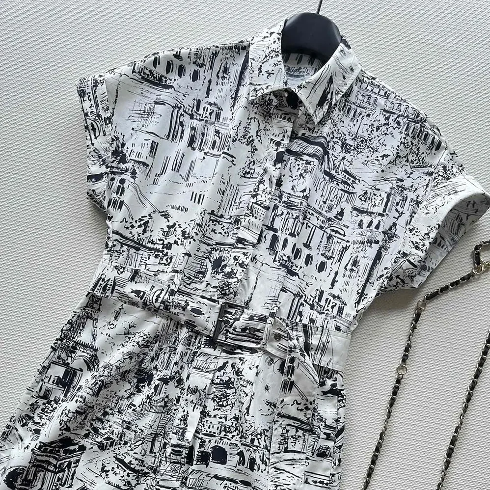 Dior Mid-Length Shirt Dress White and Black Cotton and Silk Poplin with Paris Allover Motif for Women Dior Mid-Length Shirt Dress White and Black Cotton and Silk Poplin with Paris Allover Motif for Women