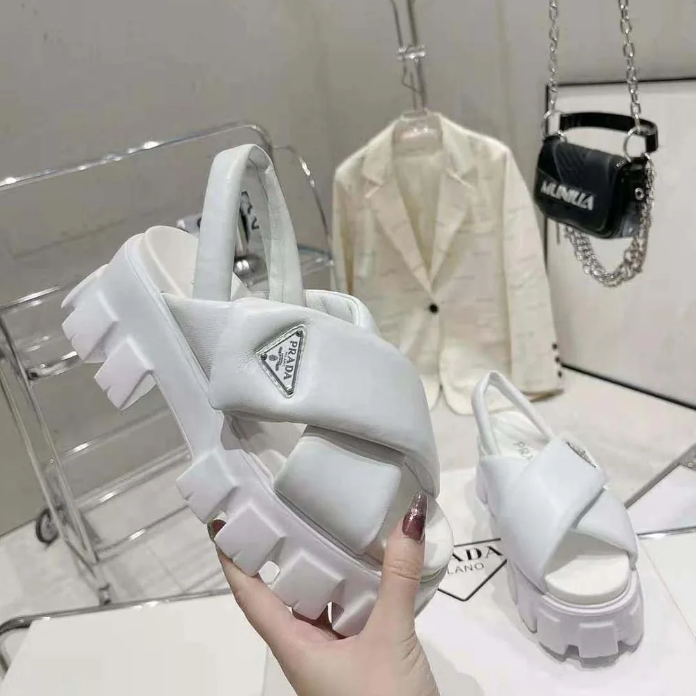 Prada Monolith Padded Nappa Leather Sandals for Women in White Prada Monolith Padded Nappa Leather Sandals for Women in White