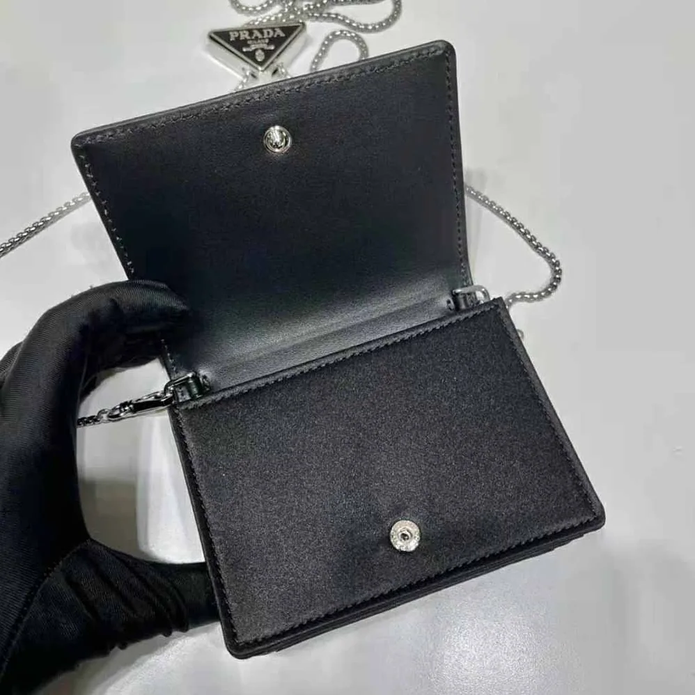 Prada Crystal-Studded Card Holder with Shoulder Strap for Women in Black