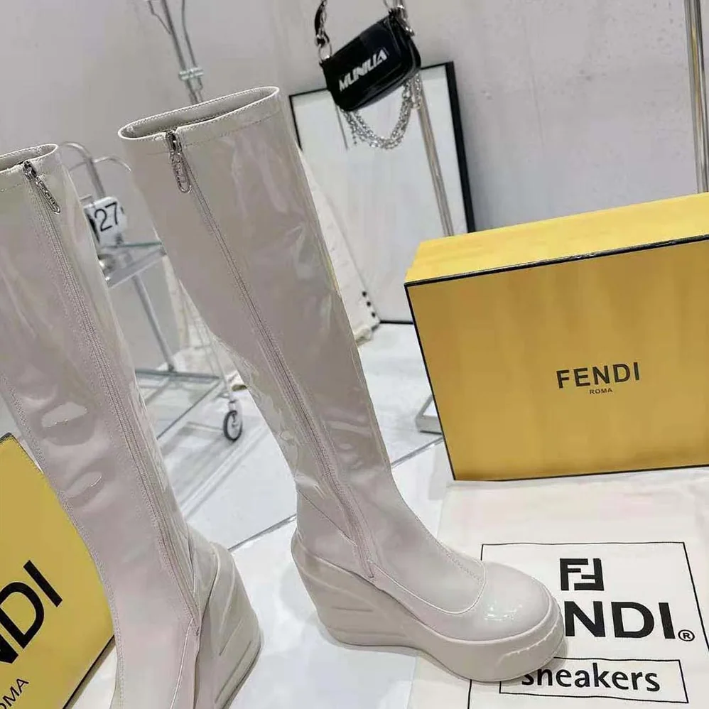 Fendi Fashion Show White Patent Leather Boots for Women Fendi Fashion Show White Patent Leather Boots for Women