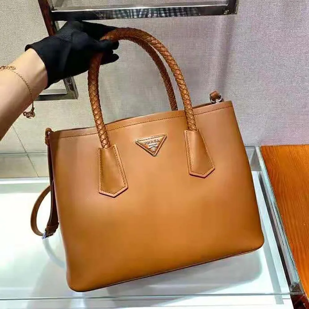 Prada Prada Double Medium Leather Handbag for Women in Brown Prada Prada Double Medium Leather Handbag for Women in Brown