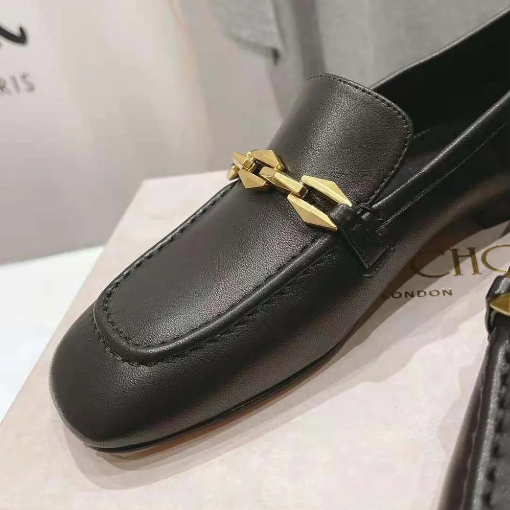 Jimmy Choo Diamond Tilda Loafer Black Calf Leather Loafers with Chain Embellishment for Women Jimmy Choo Diamond Tilda Loafer Black Calf Leather Loafers with Chain Embellishment for Women