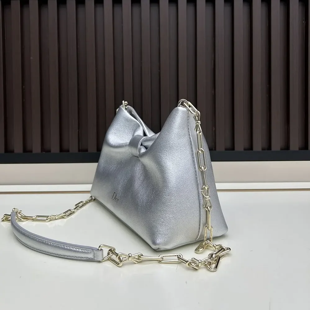 Dior Or Small Dior Bow Bag Silver for Women in Tone Laminated Lambskin