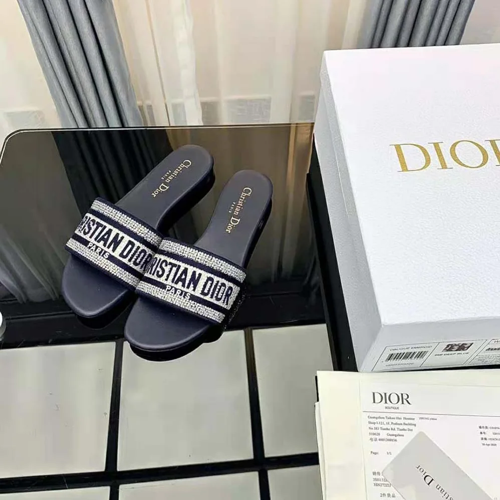 Dior Dway Slide Black Cotton Embroidery with Metallic Thread and Silver for Women in Tone Strass