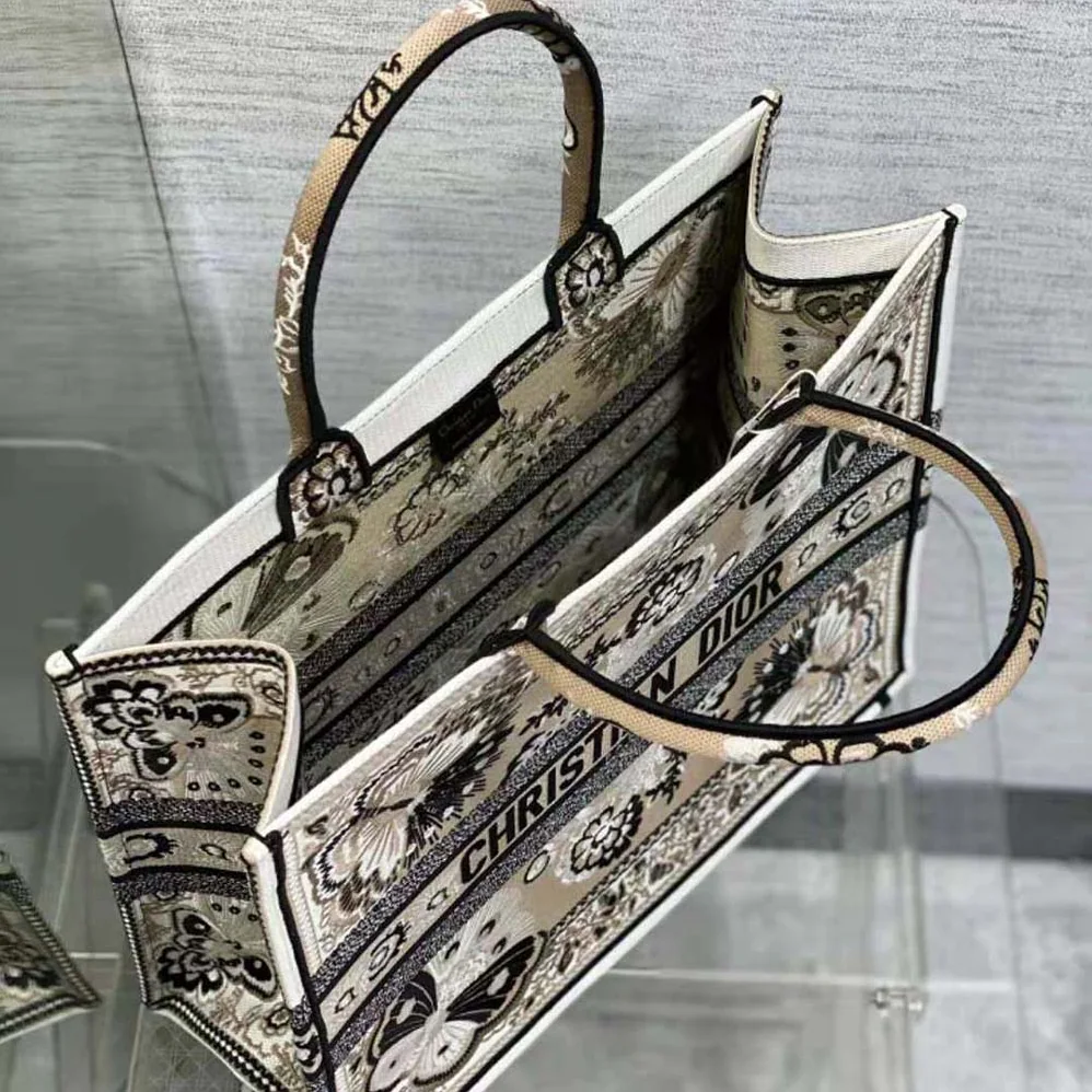 Dior Large Dior Book Tote Beige Multicolor Butterfly Bandana Embroidery for Women