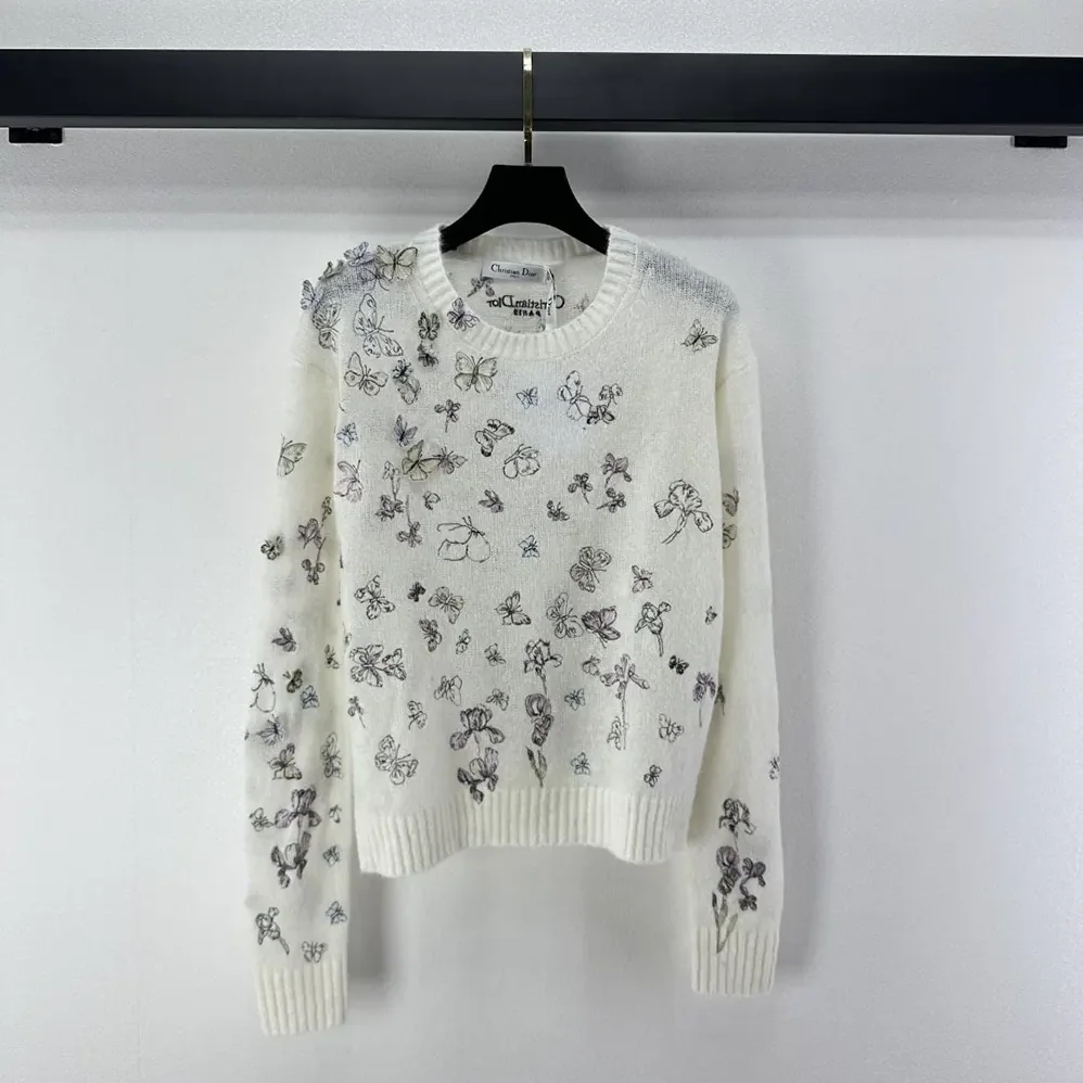 Dior Embroidered Sweater White Alpaca Cashmere and Silk Knit for Women Dior Embroidered Sweater White Alpaca Cashmere and Silk Knit for Women