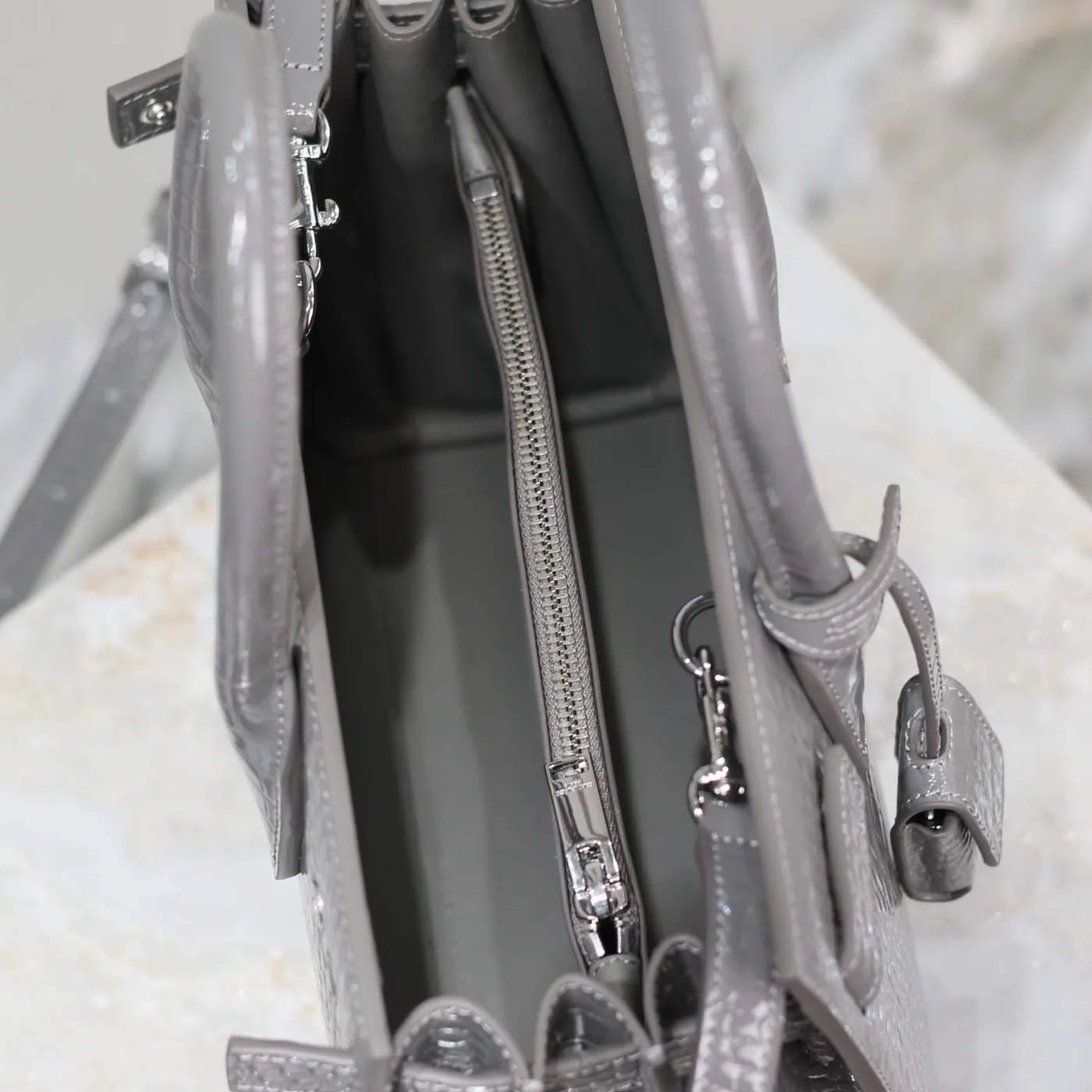 Saint Laurent YSL Sac De Jour in Embossed Crocodile Leather Baby for Women in Silver