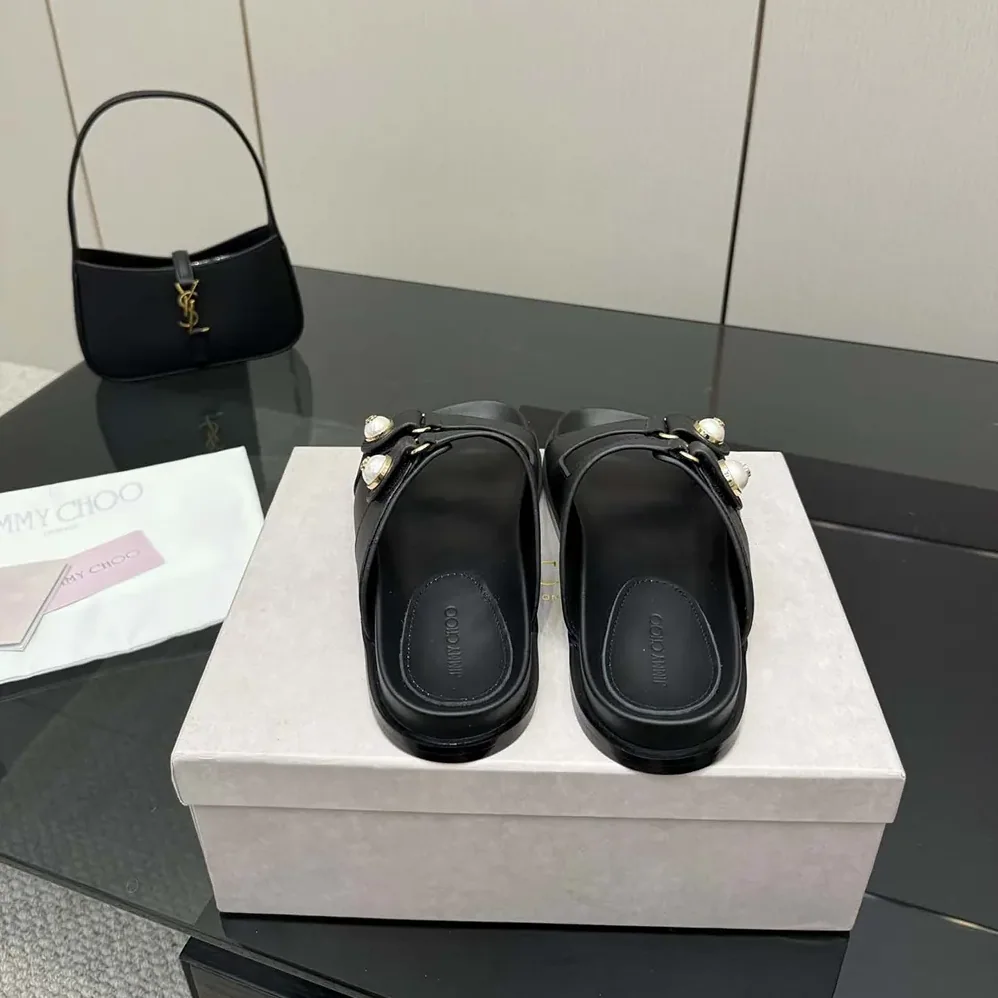 Jimmy Choo Fayence Sandal Black Leather Flat Sandals with Pearl Embellishment for Women