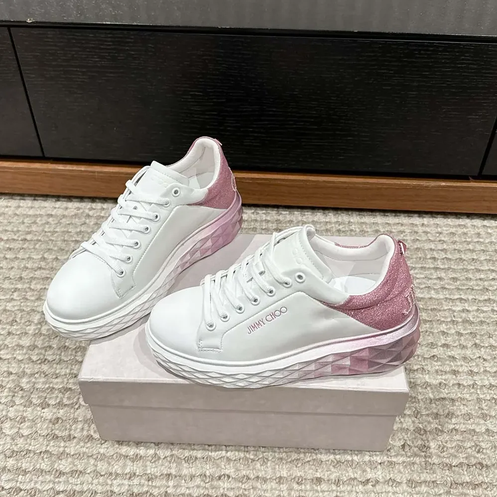 Jimmy Choo Diamond Maxi/F II White & Rose Nappa Leather Glitter Trainers for Women Jimmy Choo Diamond Maxi/F II White & Rose Nappa Leather Glitter Trainers for Women