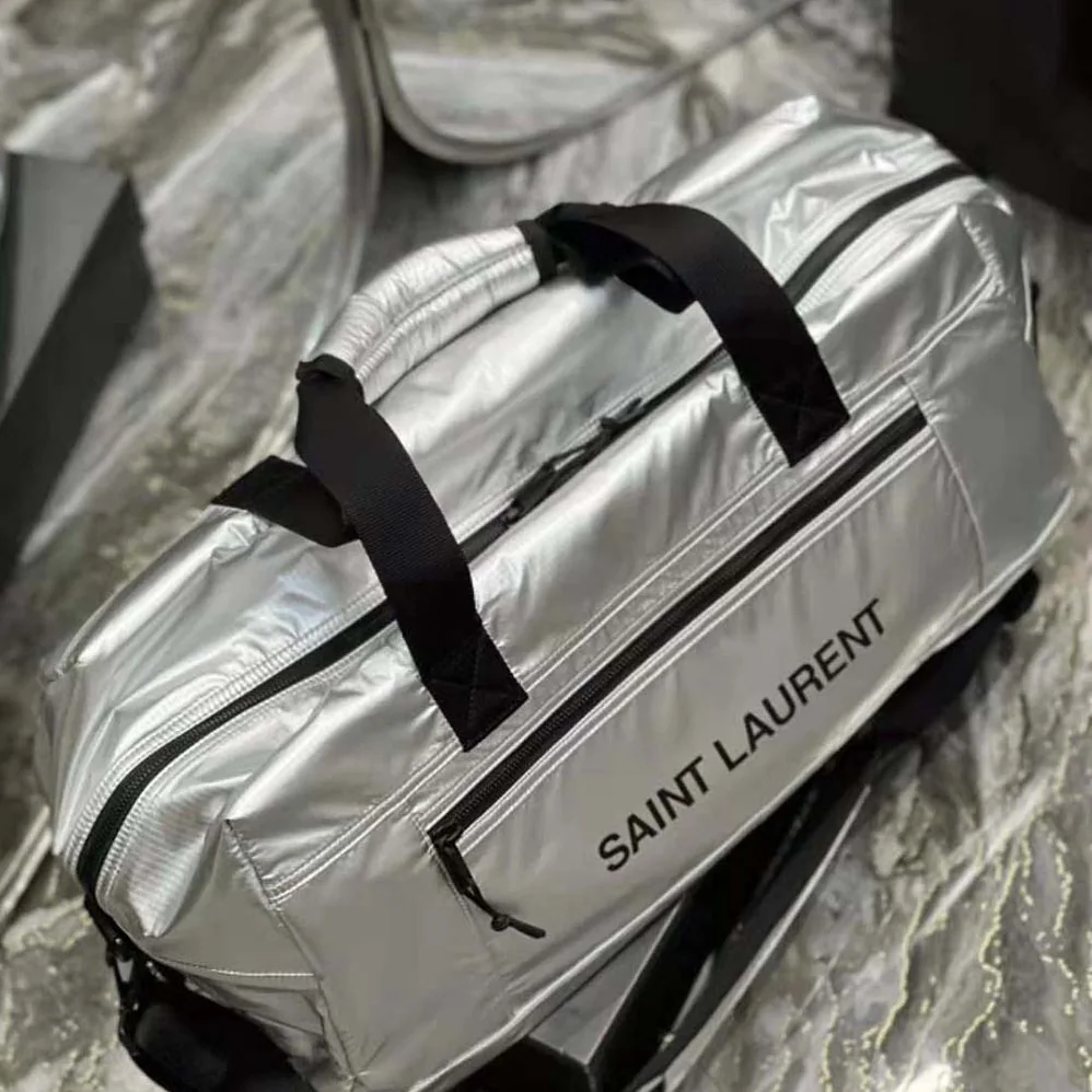 Saint Laurent YSL Nuxx Duffle in Metallized Nylon for Men in Silver Saint Laurent YSL Nuxx Duffle in Metallized Nylon for Men in Silver