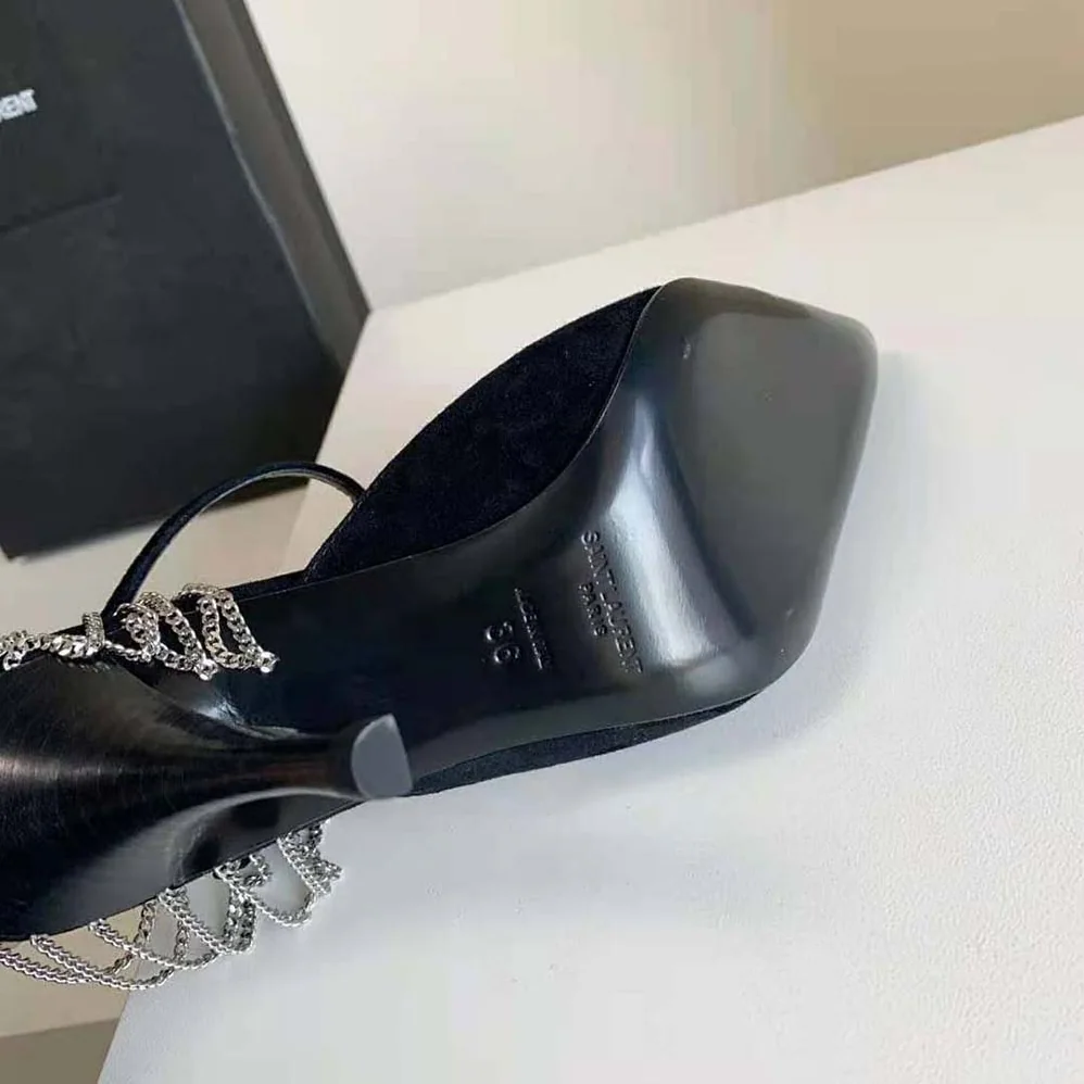 Saint Laurent YSL Sling Chain Pumps in Suede for Women in Black