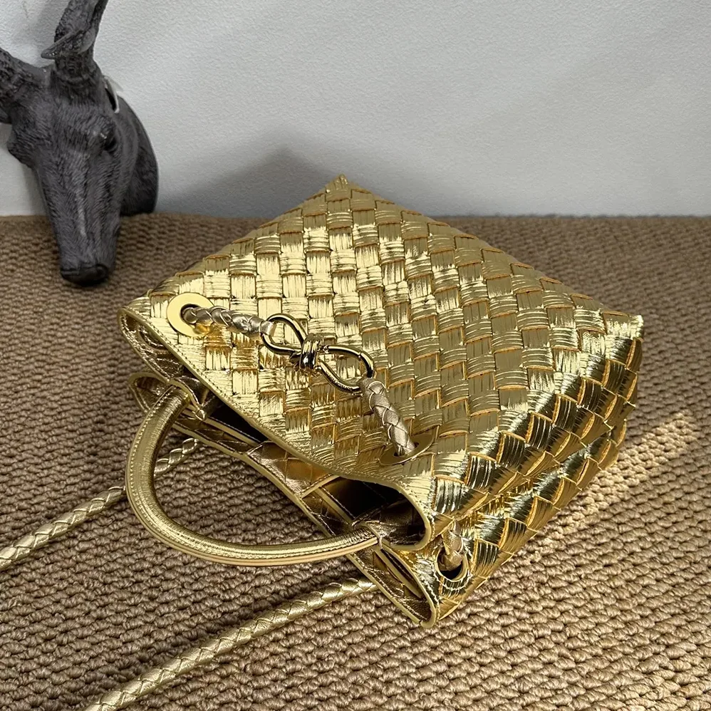 Bottega Veneta Small Andiamo Handle Bag in Intrecciato Leather for Women in Gold