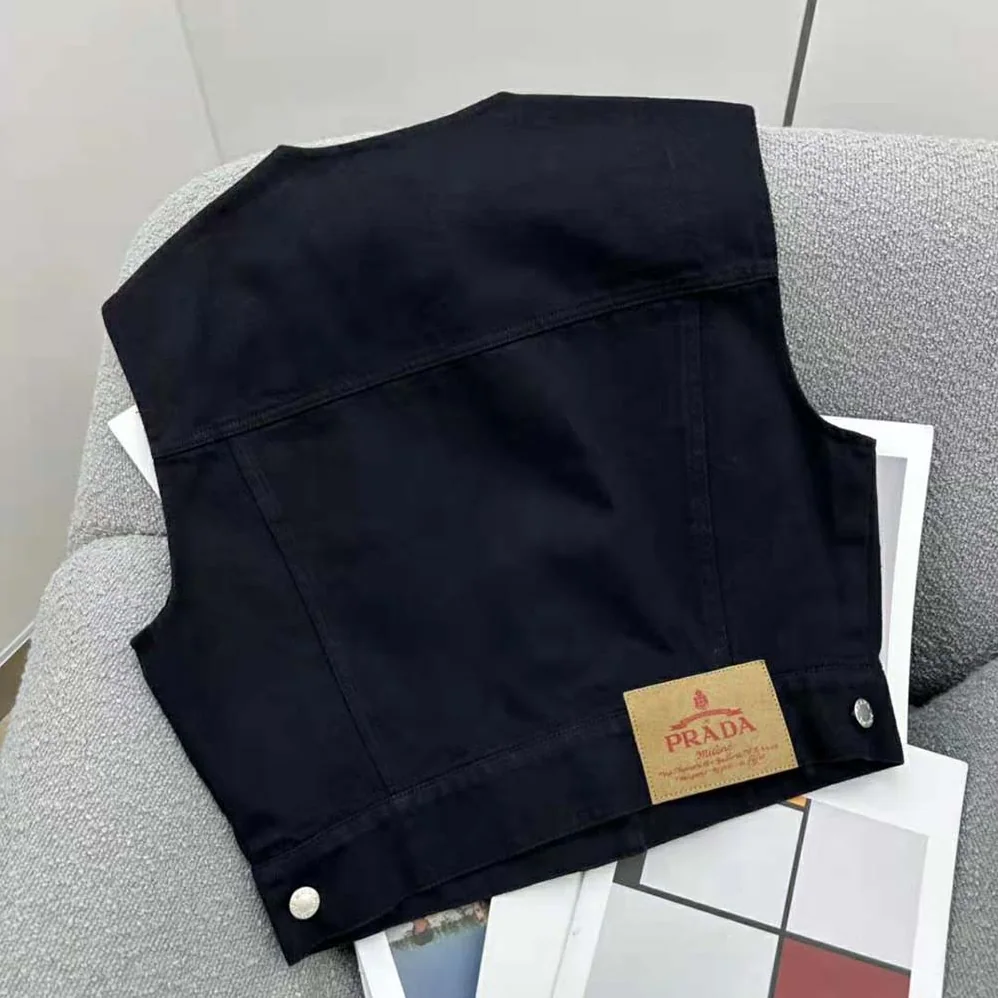 Prada Stretch Denim Vest with Triangle Logo for Women Prada Stretch Denim Vest with Triangle Logo for Women