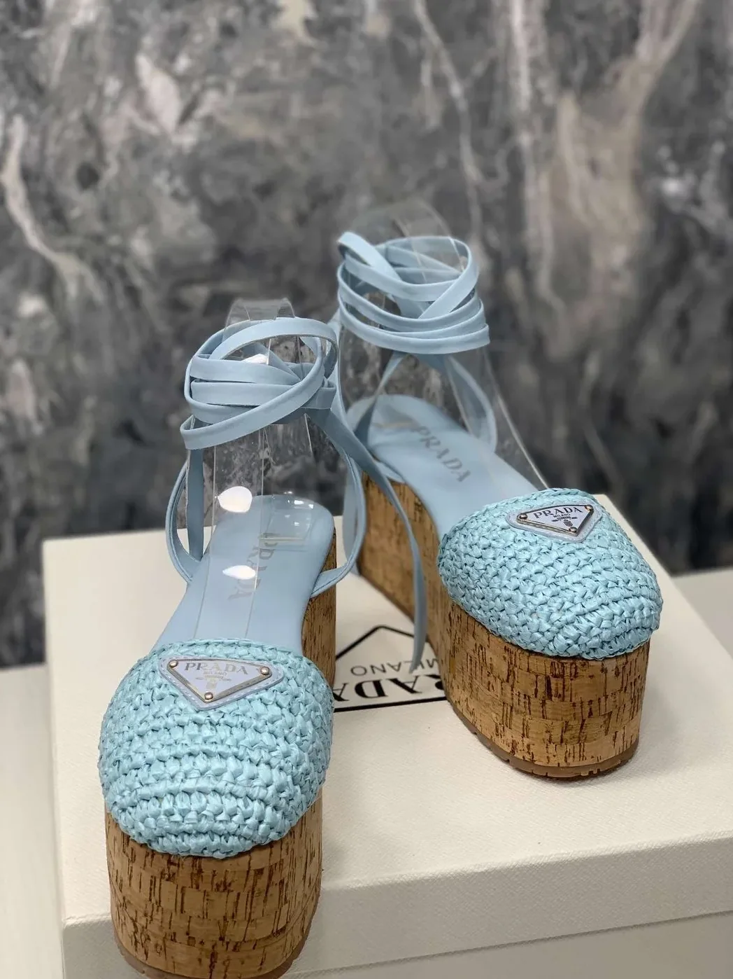 Prada Crochet Wedge Sandals Light Blue