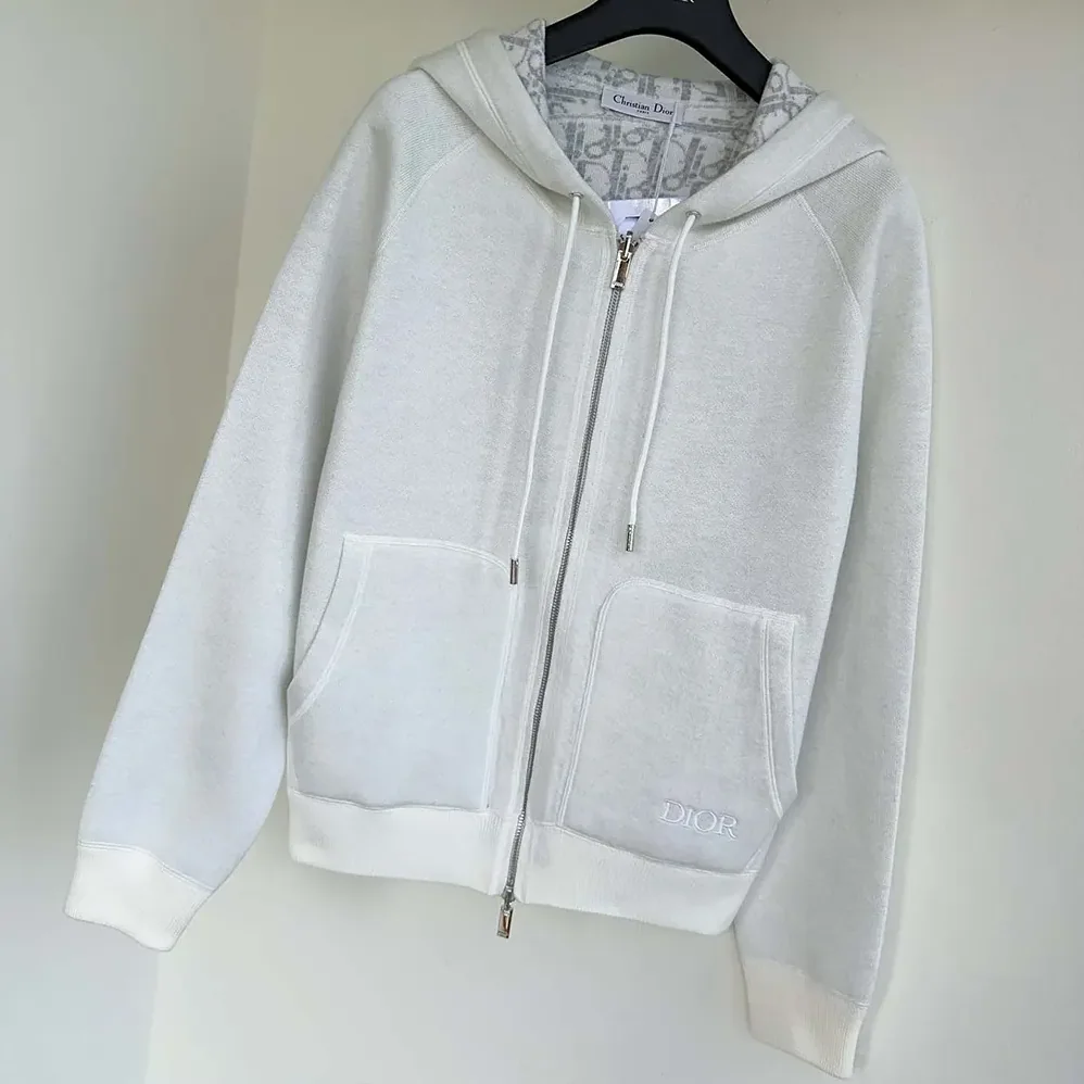 Dior Hooded Track Jacket White Cotton Knit and Cashmere for Women Dior Hooded Track Jacket White Cotton Knit and Cashmere for Women