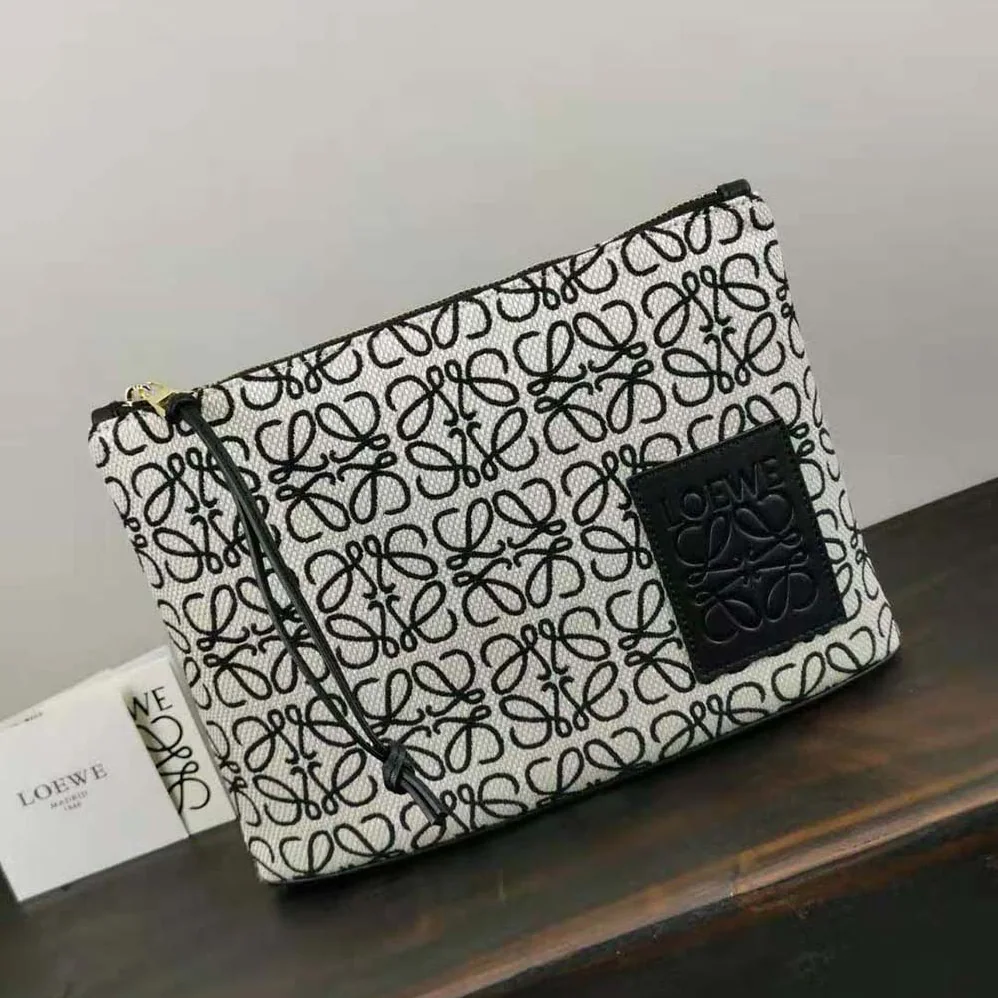 Loewe Oblong Anagram Pouch in Jacquard and Calfskin for Women in Black Loewe Oblong Anagram Pouch in Jacquard and Calfskin for Women in Black
