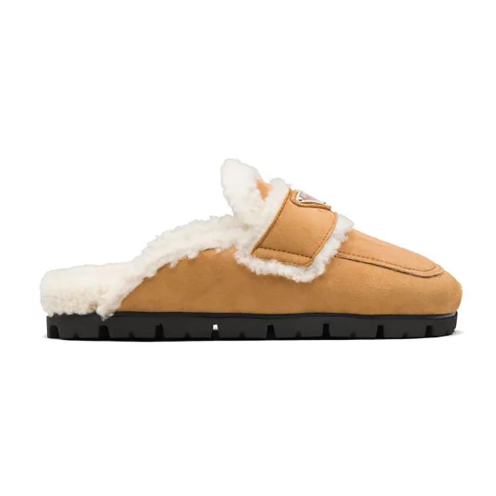 Prada Shearling Slippers Enameled Metal Triangle Logo for Women in Yellow Prada Shearling Slippers Enameled Metal Triangle Logo for Women in Yellow