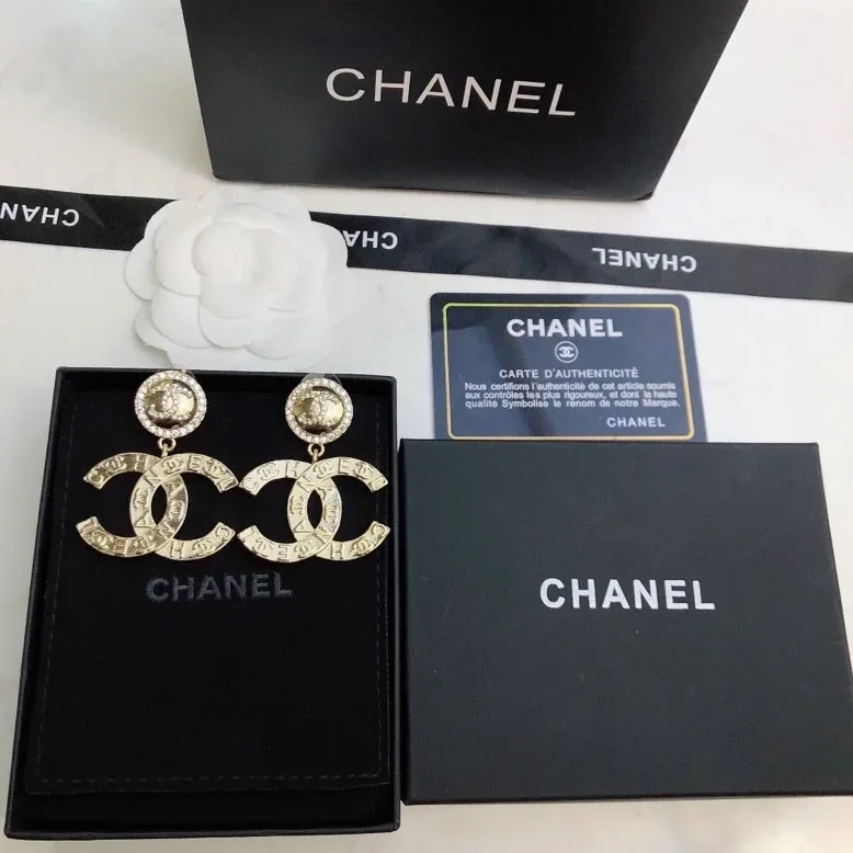 Chanel Engraved Pattern Douple C Earrings Gold Tone Chanel Engraved Pattern Douple C Earrings Gold Tone