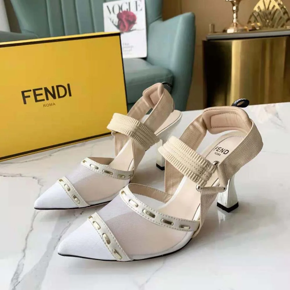 Fendi Colibri Pink Mesh High-Heel Slingbacks with Metal Stitches for Women Fendi Colibri Pink Mesh High-Heel Slingbacks with Metal Stitches for Women