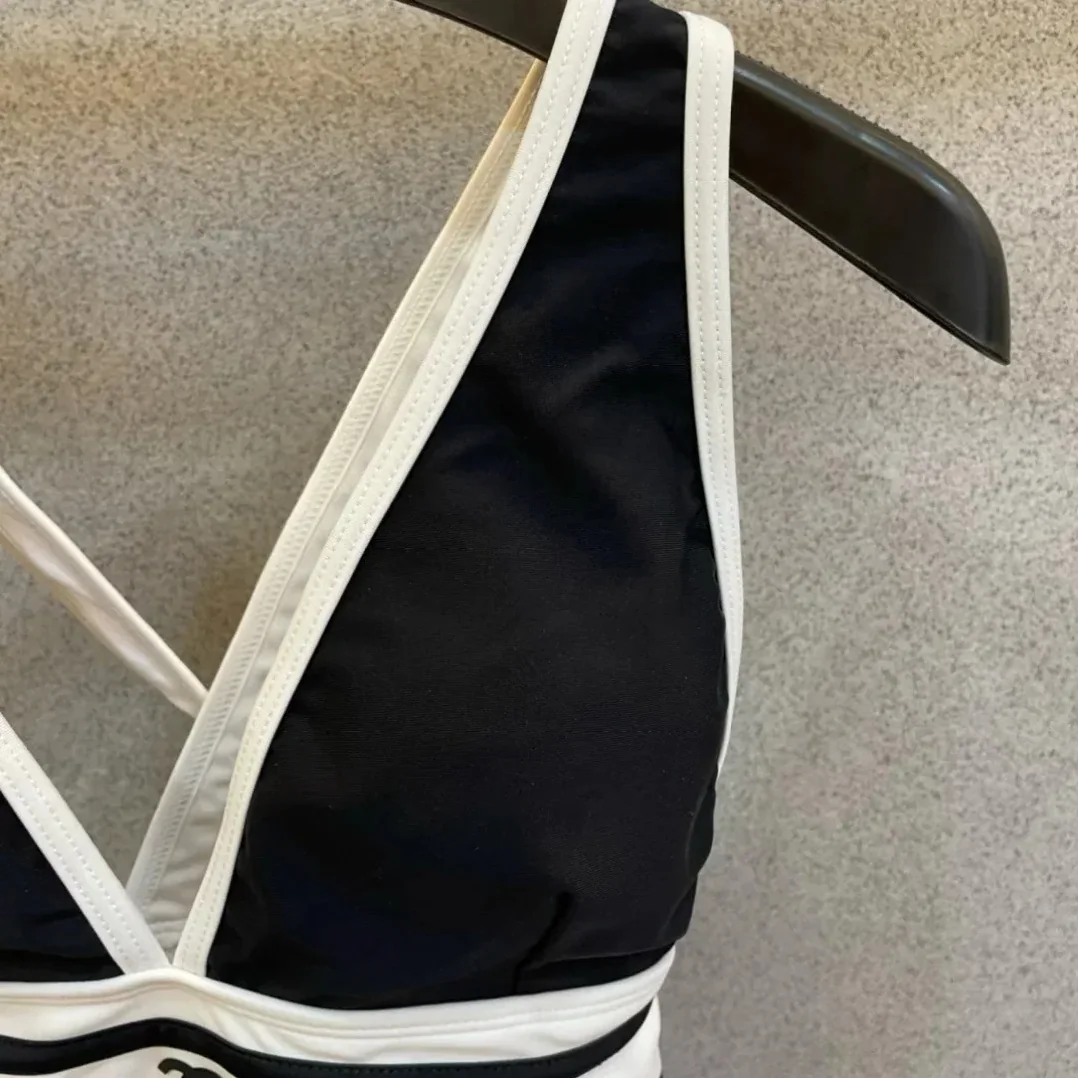 Chanel Striped V-Neck One in Piece Swimsuit Black