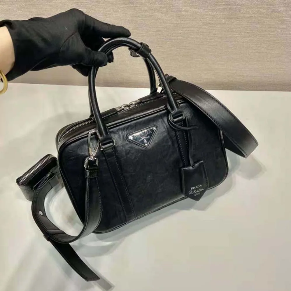 Prada Medium Antique Nappa Leather Top Handle Bag for Women in Black