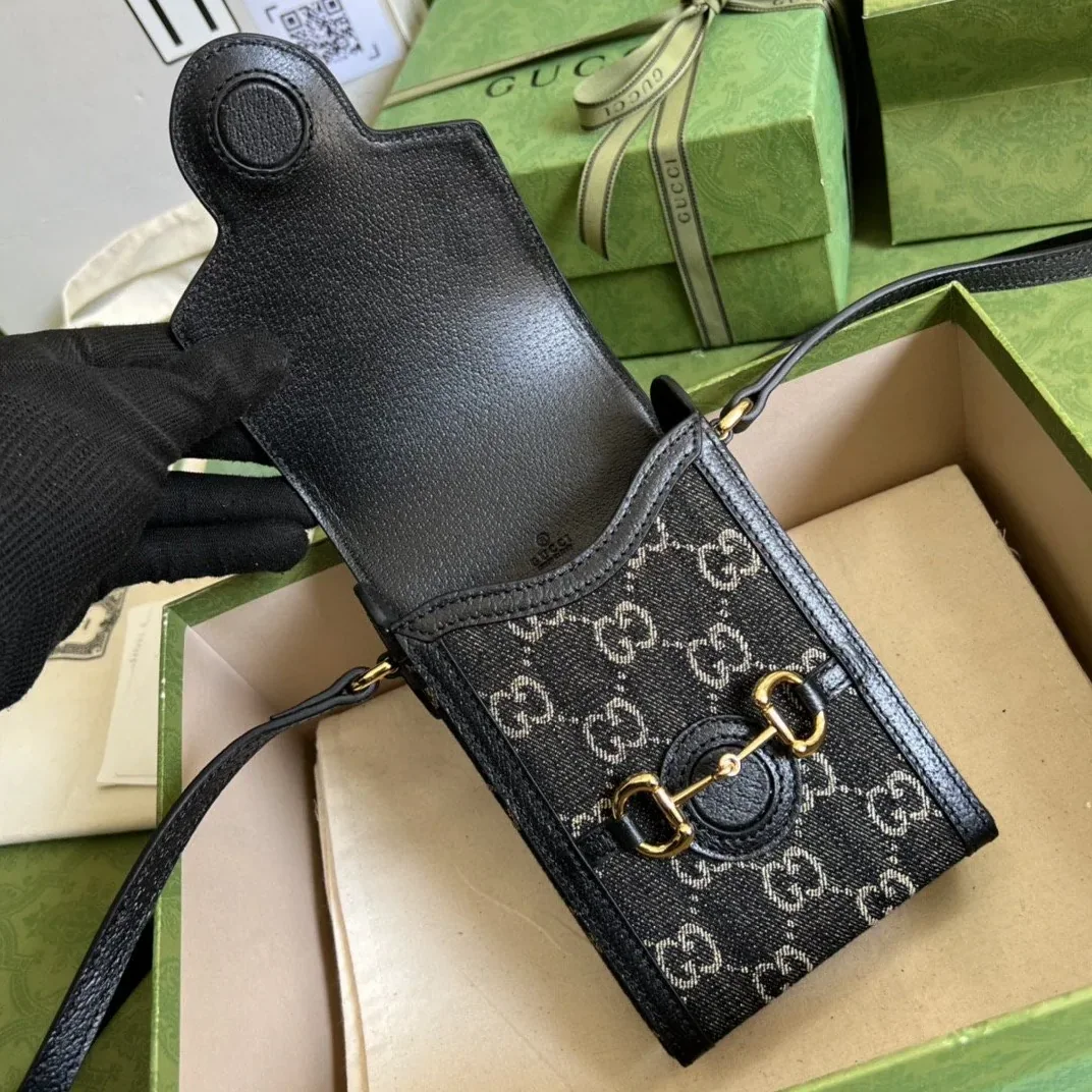 Gucci Horsebit 1955 Mini Bag Black And Ivory GG Denim Jacquard /