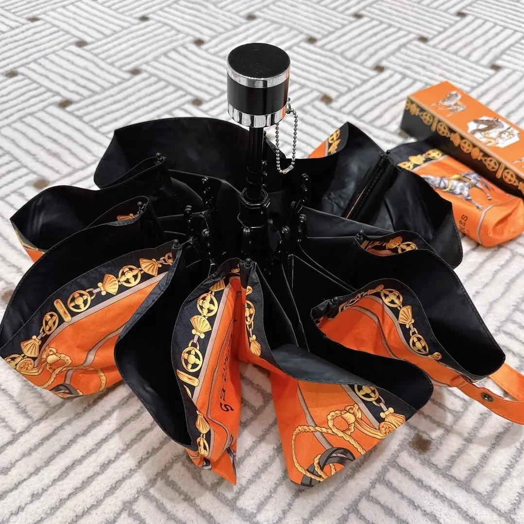 Hermes Long Umbrella With Horse Motif Orange