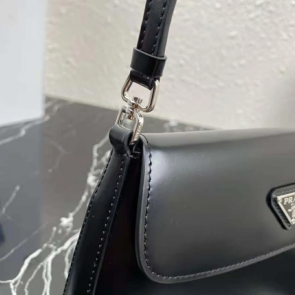 Prada Cleo Brushed Leather Dhoulder Bag with Flap for Women in Black Prada Cleo Brushed Leather Dhoulder Bag with Flap for Women in Black