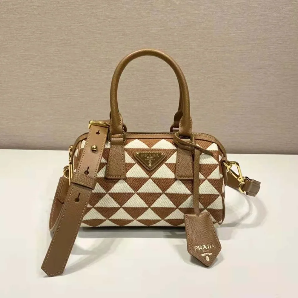 Prada Symbole Embroidered Jacquard Fabric Top-Handle Bag for Women in Brown