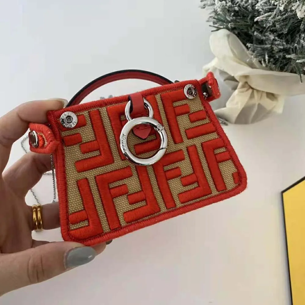 Fendi Nano Peekaboo Charm Gray FF Canvas Charm for Women in Red