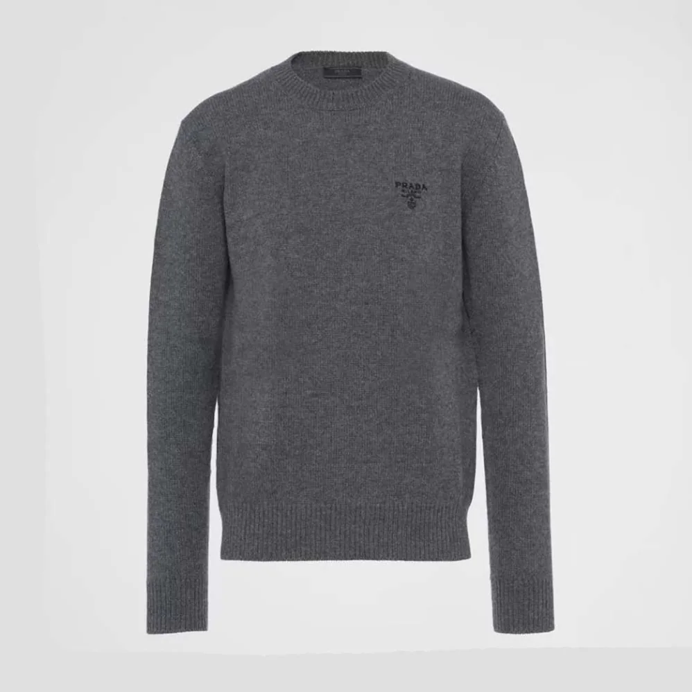 Prada Cashmere Sweater with Embroidered Logo for Women in Gray