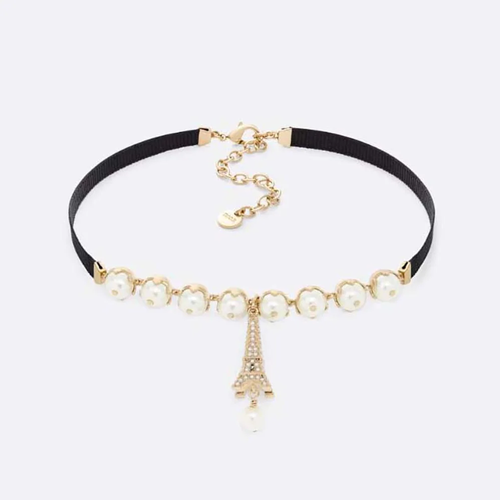 Dior Plan De Paris Choker Gold-Finish Metal with Black Grosgrain and White Resin Pearls for Women