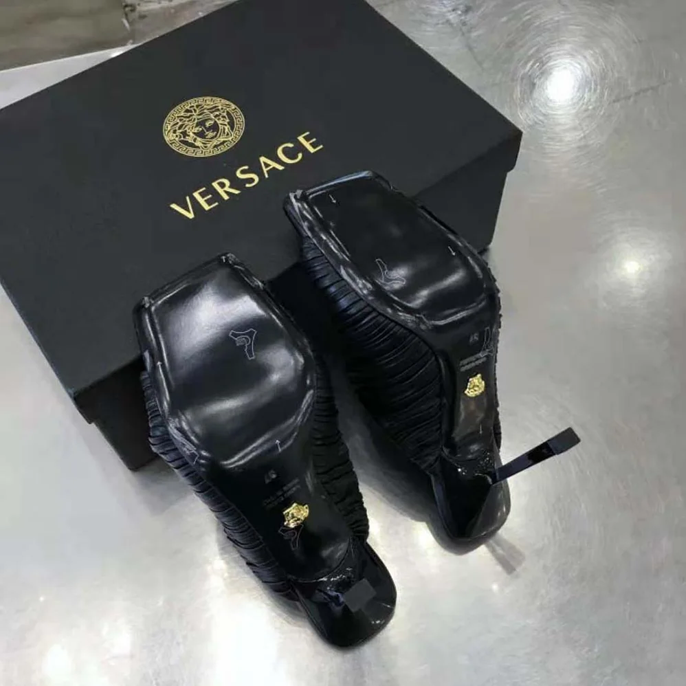 Versace Plisse Nappa Leather Mules in 11cm Heel for Women in Black Versace Plisse Nappa Leather Mules in 11cm Heel for Women in Black