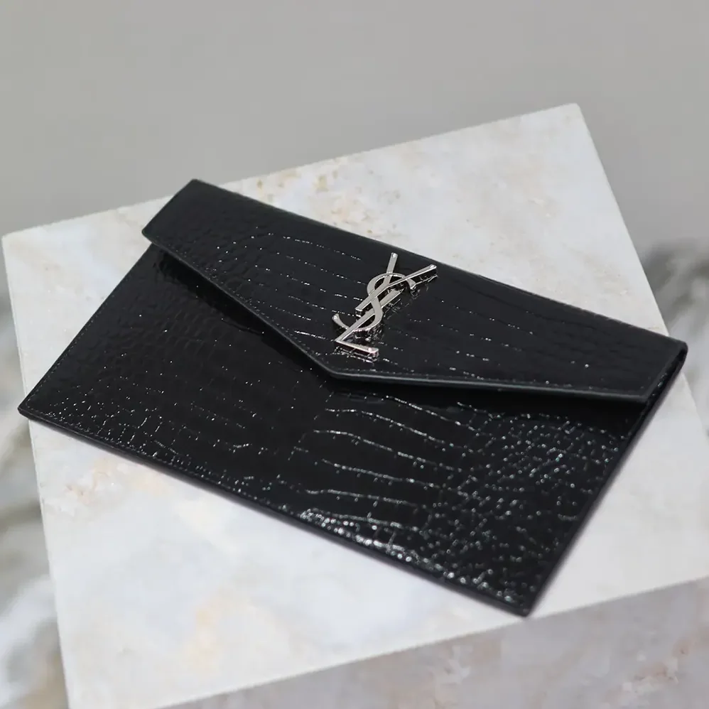 Saint Laurent YSL Uptown Pouch in Crocodile for Women in embossed Shiny Leather