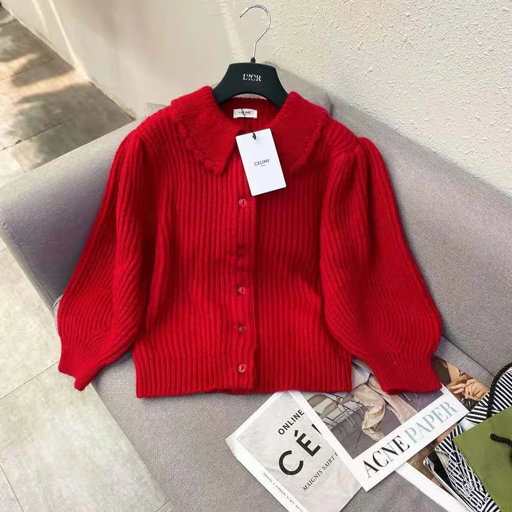Celine Frilled Collar Cardigan in Silk and Mohair for Women in Red