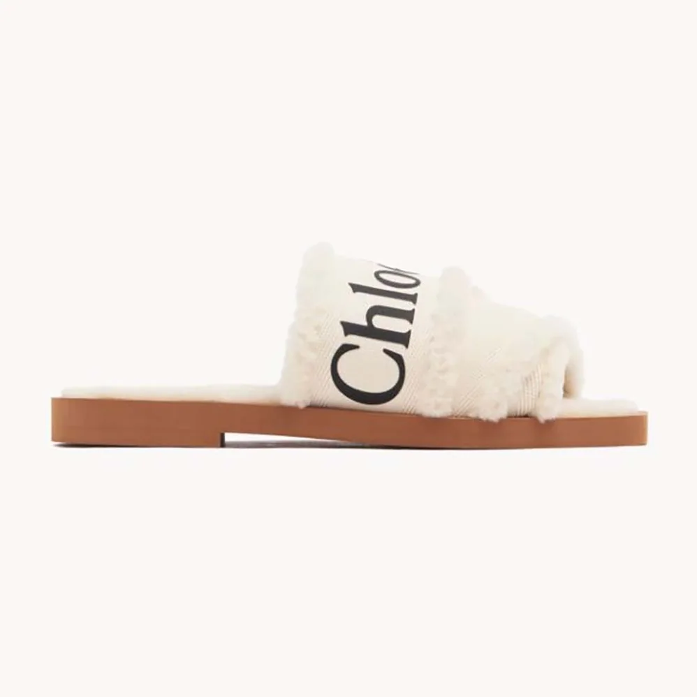 Chloe Woody Flat Mule in Canvas with Shearling for Women Chloe Woody Flat Mule in Canvas with Shearling for Women