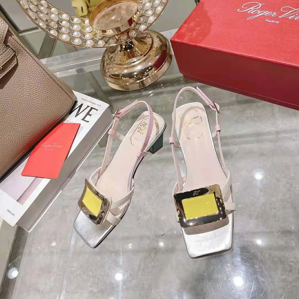 Roger Vivier Belle Vivier Metal Buckle Sandals in Patent Leather for Women in Yellow
