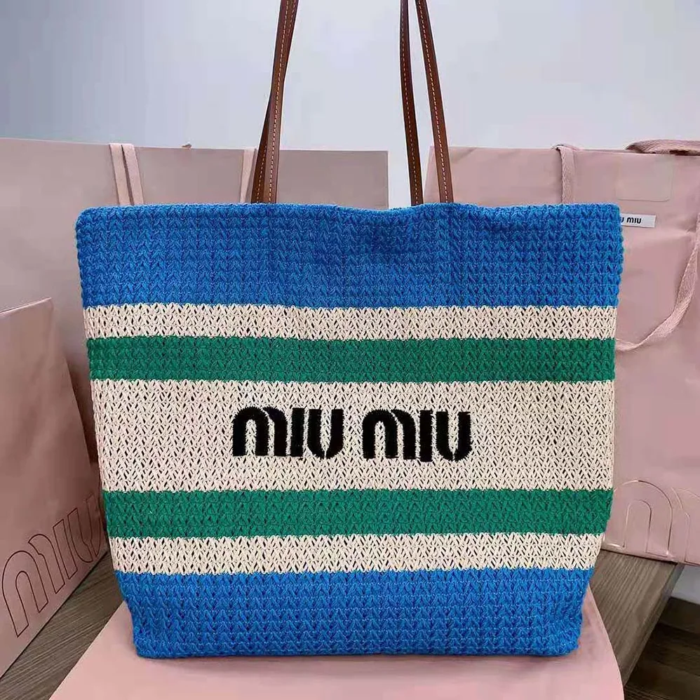 Miu Miu Woven Fabric Tote Bag for Women in Blue Miu Miu Woven Fabric Tote Bag for Women in Blue