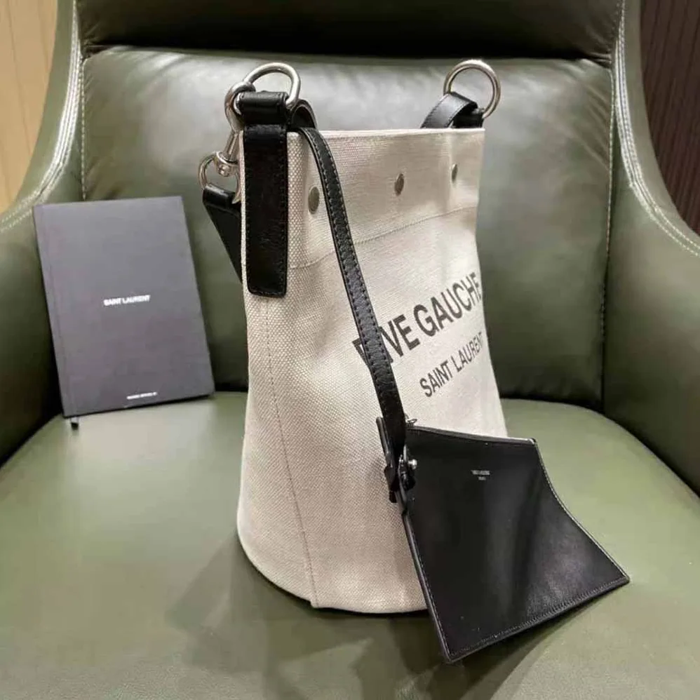 Saint Laurent YSL Rive Gauche Bucket Bag in Linen for Women in Black Saint Laurent YSL Rive Gauche Bucket Bag in Linen for Women in Black