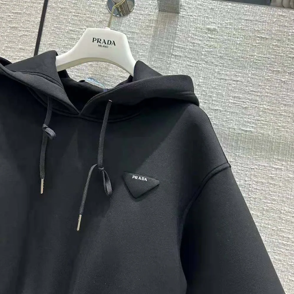 Prada Cotton Fleece Hoodie for Women in Black Prada Cotton Fleece Hoodie for Women in Black