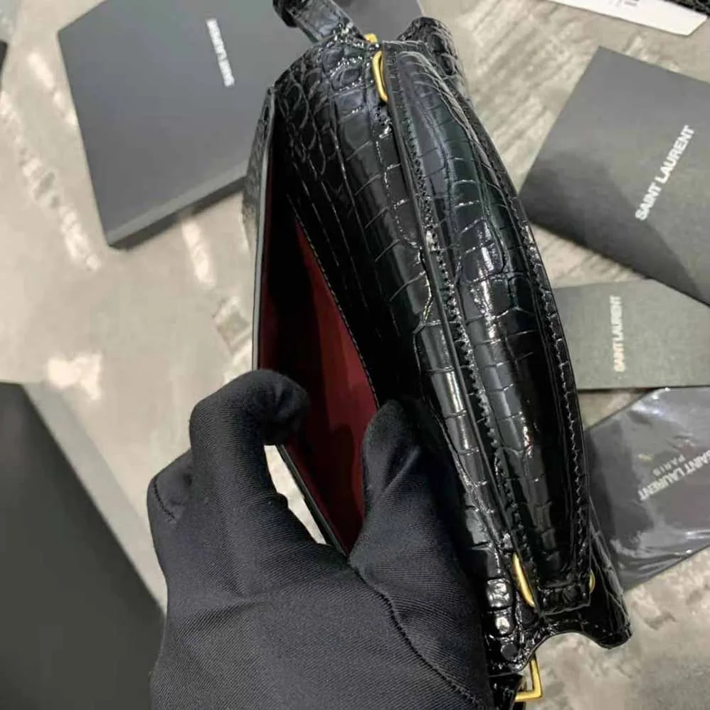 Saint Laurent YSL Cassandra Mini Top Handle Bag in Crocodile-Embossed Shiny Leather for Women in Black
